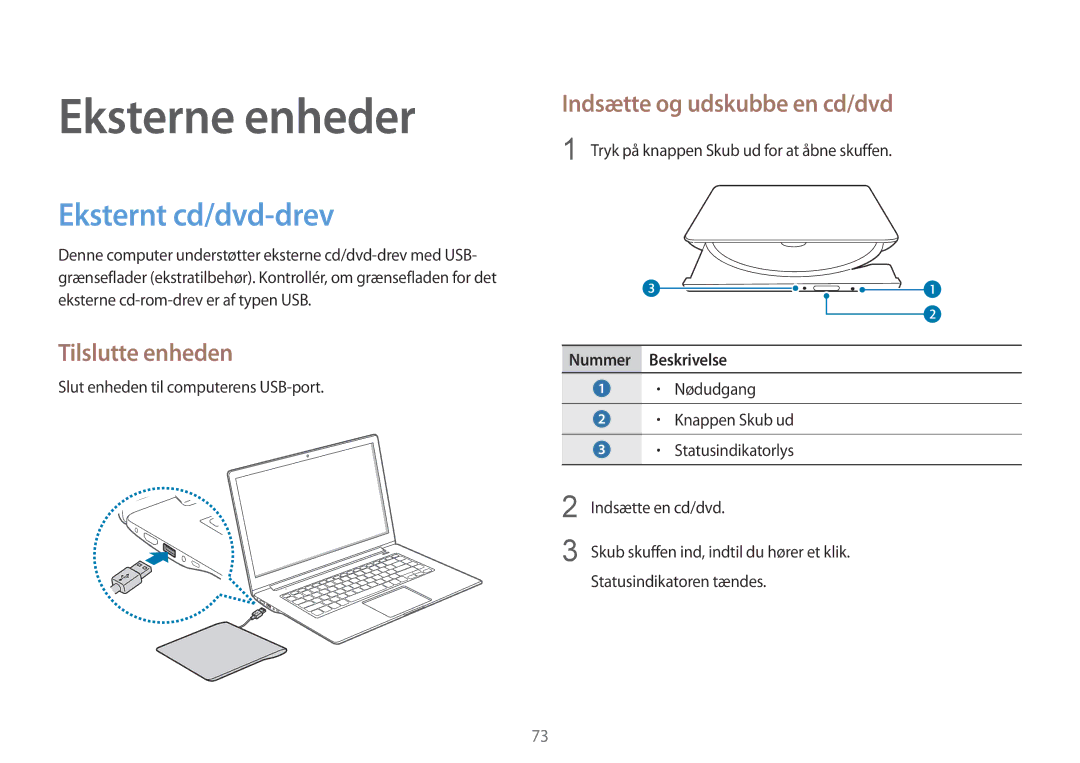 Samsung NP270E5E-K05SE manual Eksternt cd/dvd-drev, Tilslutte enheden, Indsætte og udskubbe en cd/dvd, Nummer Beskrivelse 