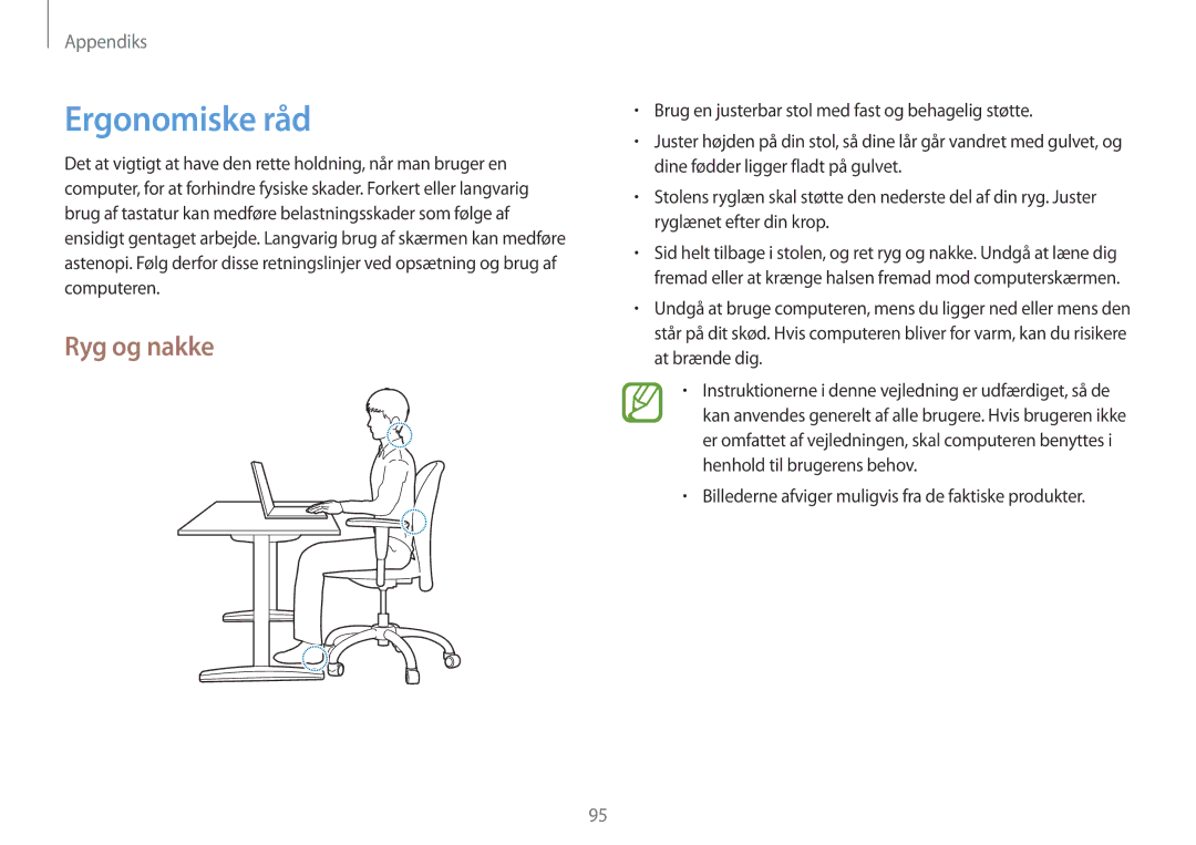 Samsung NP270E5E-K06SE manual Ergonomiske råd, Ryg og nakke, Billederne afviger muligvis fra de faktiske produkter 