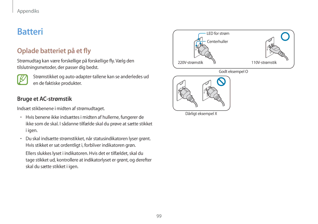 Samsung NP270E5E-K04SE, NP905S3G-K01AE, NP900X3G-K03SE manual Batteri, Oplade batteriet på et fly, Bruge et AC-strømstik 