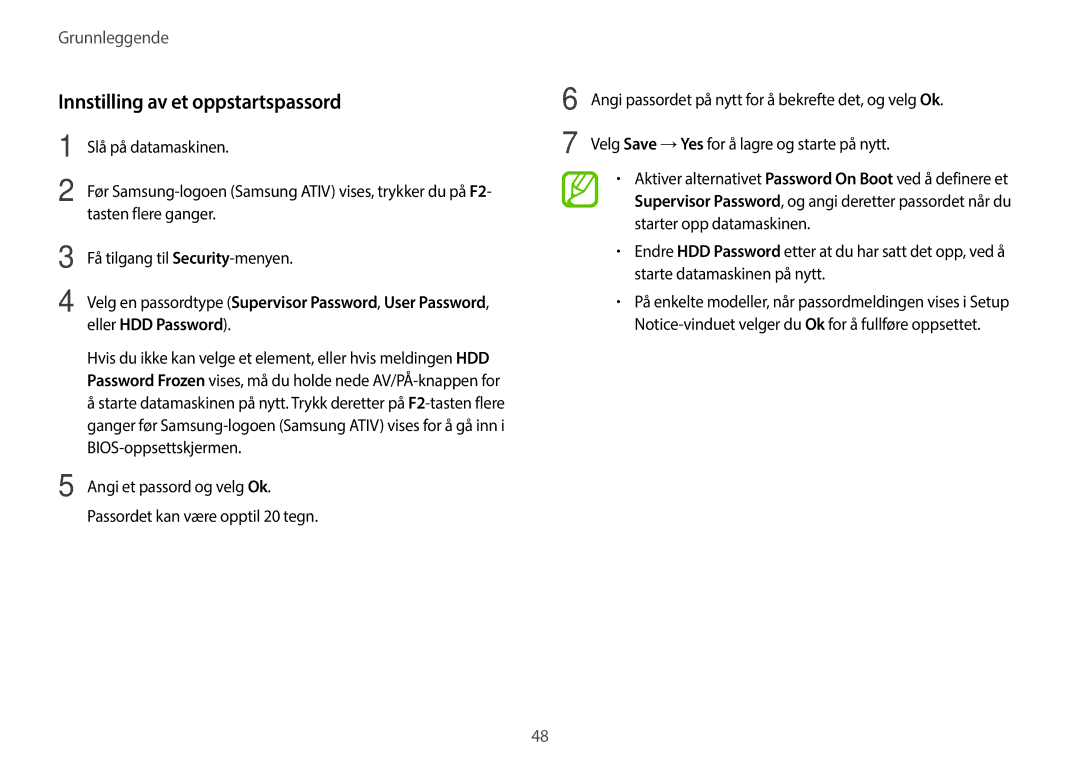 Samsung NP270E5E-K05SE manual Innstilling av et oppstartspassord, Få tilgang til Security-menyen, Eller HDD Password 