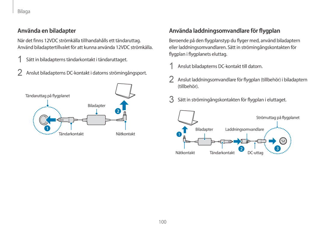 Samsung NP905S3G-K01AE, NP900X3G-K03SE, NP915S3G-K01SE manual Använda en biladapter, Använda laddningsomvandlare för flygplan 