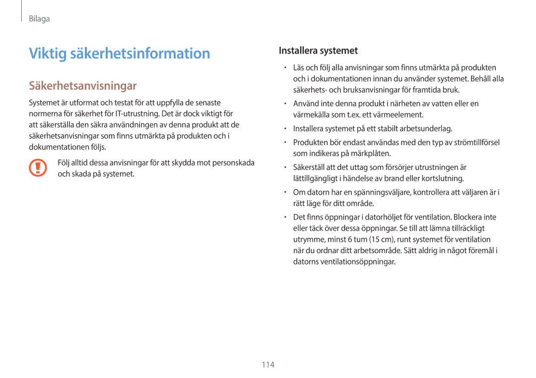 Samsung NP900X3G-K01SE, NP905S3G-K01AE manual Viktig säkerhetsinformation, Säkerhetsanvisningar, Installera systemet 