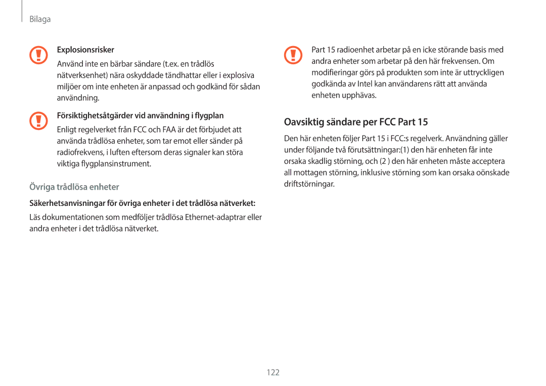 Samsung NP930X5J-K02SE Oavsiktig sändare per FCC Part, Explosionsrisker, Försiktighetsåtgärder vid användning i flygplan 