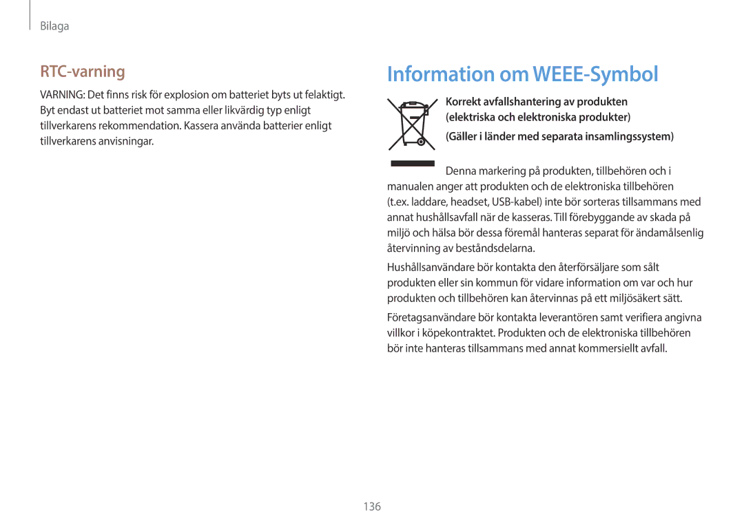 Samsung NP940X3G-K04SE manual Information om WEEE-Symbol, RTC-varning, Gäller i länder med separata insamlingssystem 