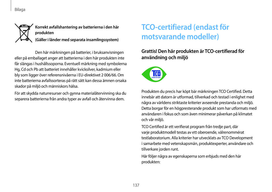 Samsung NP940X3G-K06SE, NP905S3G-K01AE, NP900X3G-K03SE, NP915S3G-K01SE manual TCO-certifierad endast för motsvarande modeller 