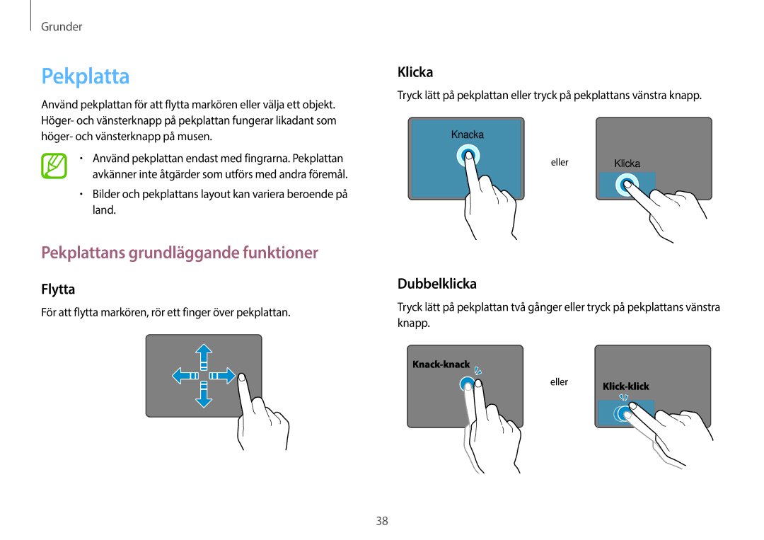 Samsung NP905S3G-K05SE, NP905S3G-K01AE manual Pekplattans grundläggande funktioner, Flytta, Klicka, Dubbelklicka 