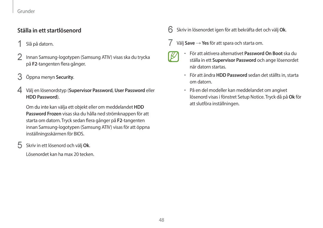 Samsung NP270E5E-K05SE, NP905S3G-K01AE, NP900X3G-K03SE, NP915S3G-K01SE manual Ställa in ett startlösenord, HDD Password 