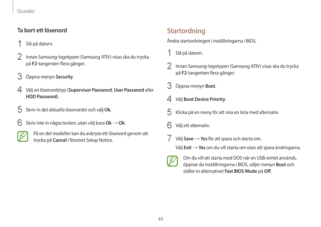 Samsung NP270E5E-K04SE, NP905S3G-K01AE, NP900X3G-K03SE manual Startordning, Ta bort ett lösenord, Välj Boot Device Priority 