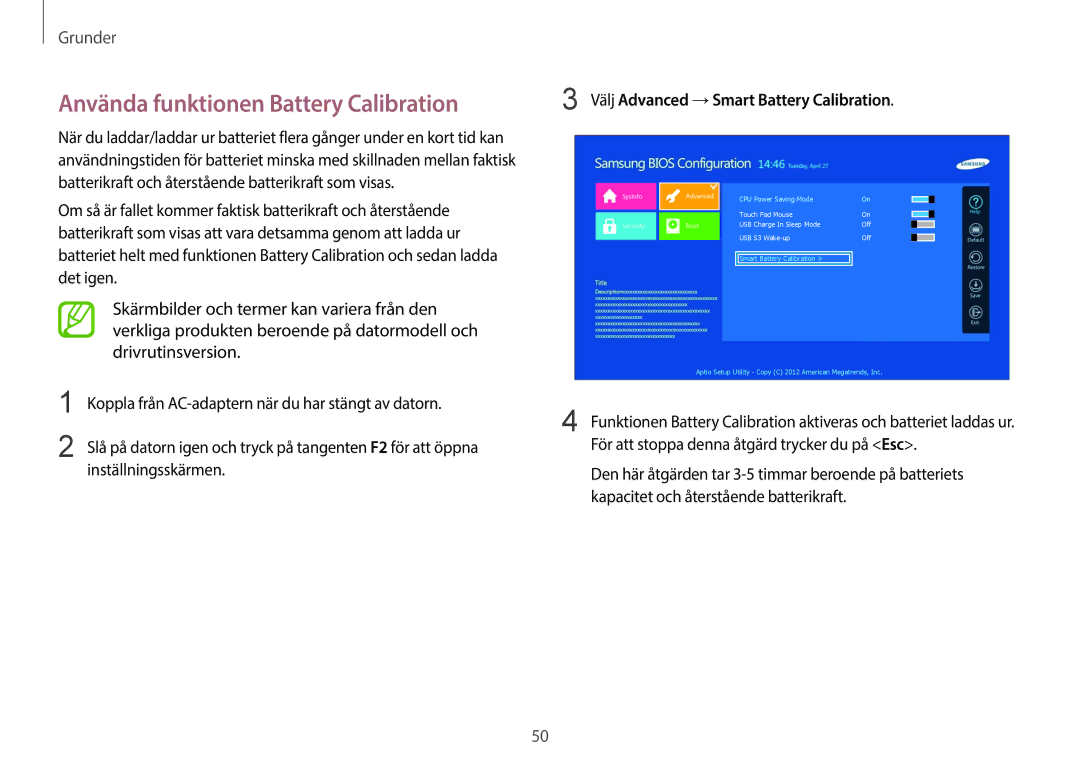 Samsung NP905S3G-K01AE, NP900X3G-K03SE, NP915S3G-K01SE manual Använda funktionen Battery Calibration, Inställningsskärmen 