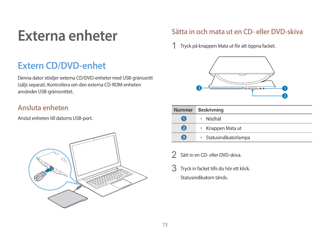 Samsung NP270E5E-K05SE, NP905S3G-K01AE Extern CD/DVD-enhet, Ansluta enheten, Sätta in och mata ut en CD- eller DVD-skiva 