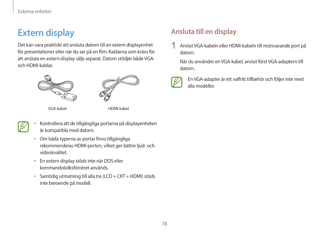 Samsung NP915S3G-K04SE, NP905S3G-K01AE, NP900X3G-K03SE, NP915S3G-K01SE manual Extern display, Ansluta till en display 