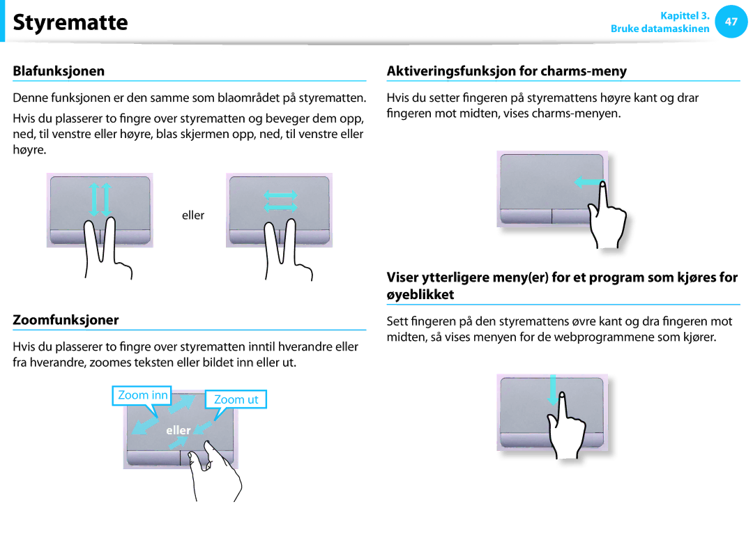 Samsung NP300E7A-S02SE, NP905S3G-K01AE, NP915S3G-K01SE Blafunksjonen, Zoomfunksjoner, Aktiveringsfunksjon for charms-meny 