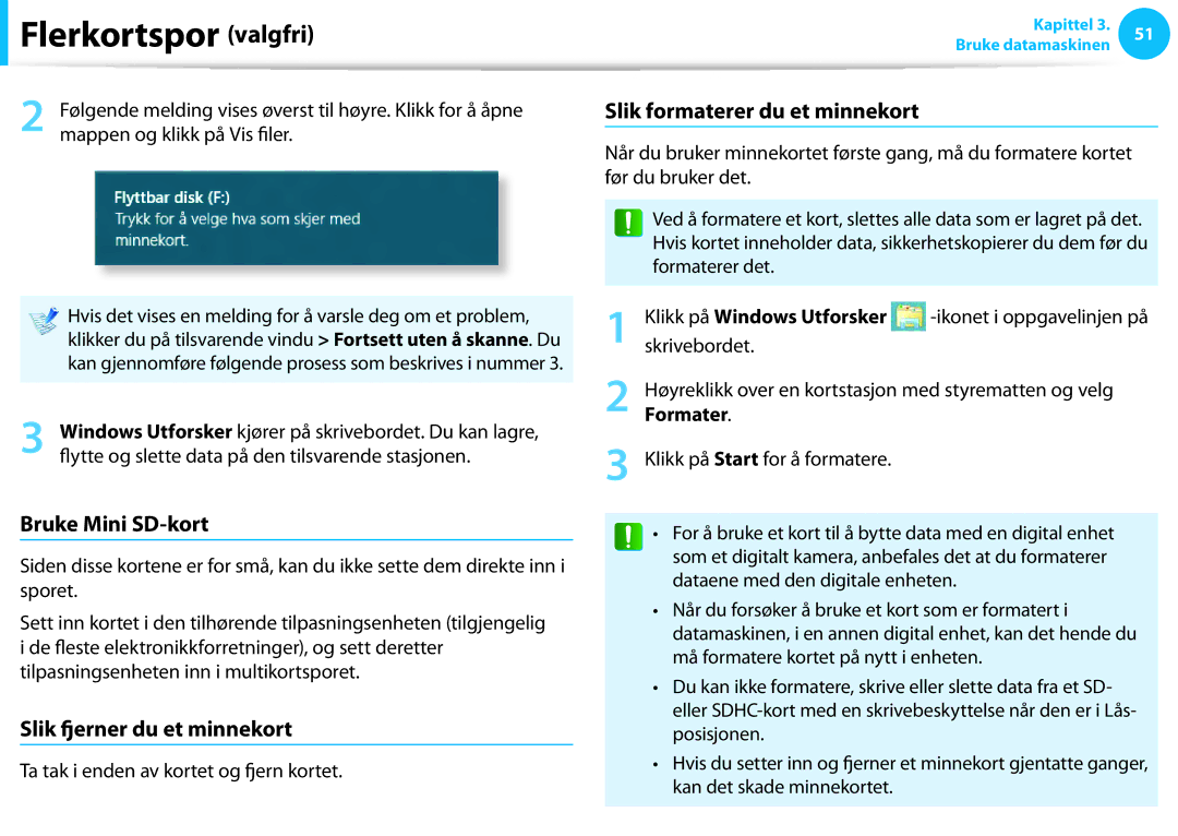 Samsung NP300E5A-S09SE manual Bruke Mini SD-kort, Slik fjerner du et minnekort, Slik formaterer du et minnekort, Formater 