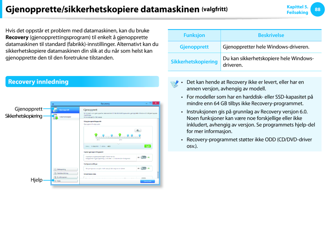 Samsung NP300E5C-A03SE Gjenopprette/sikkerhetskopiere datamaskinen valgfritt, Recovery innledning, Funksjon Beskrivelse 