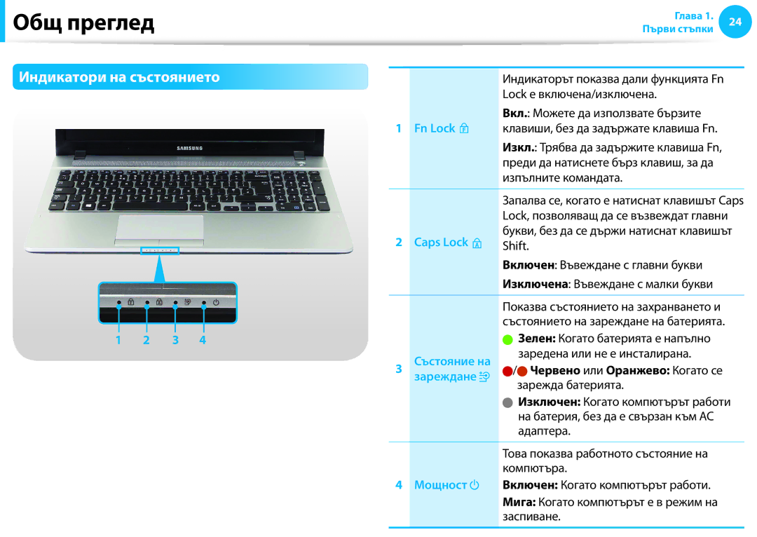 Samsung NP940X3G-K01BG, NP905S3G-K01AE, NP905S3G-K02BG Индикатори на състоянието, Fn Lock, Caps Lock, Зареждане, Мощност 