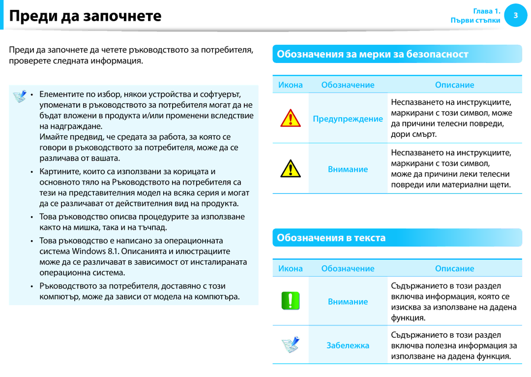 Samsung NP940X3G-K01BG Преди да започнете, Обозначения за мерки за безопасност, Обозначения в текста, Икона Обозначение 