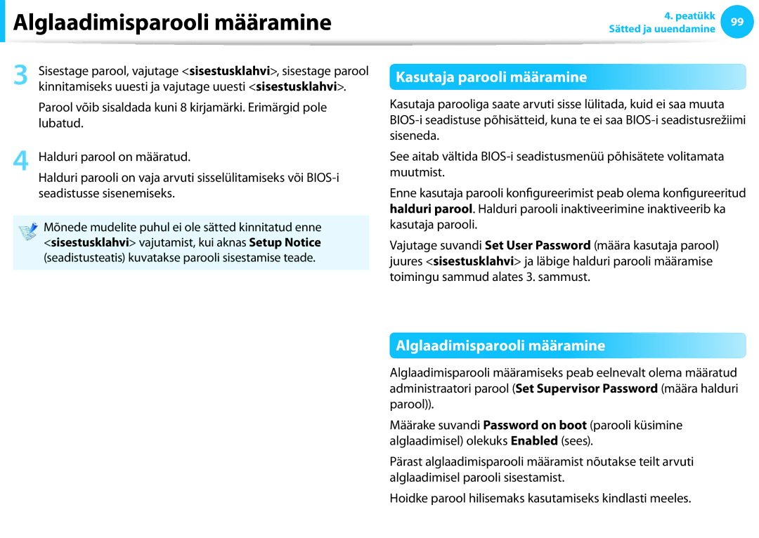 Samsung NP905S3G-K01AE, NP940X3G-K01EE, NP905S3G-K01EE manual Kasutaja parooli määramine, Alglaadimisparooli määramine 