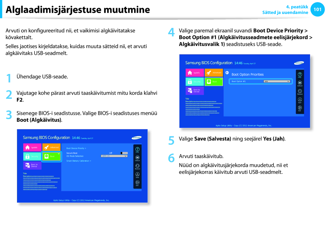 Samsung NP905S3G-K01EE manual Alglaadimisjärjestuse muutmine, Boot Algkäivitus, Algkäivitusvalik 1 seadistuseks USB-seade 