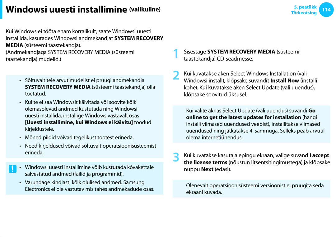 Samsung NP905S3G-K01AE Windowsis uuesti installimine, Sisestage System Recovery Media süsteemi, Taastekandja CD-seadmesse 