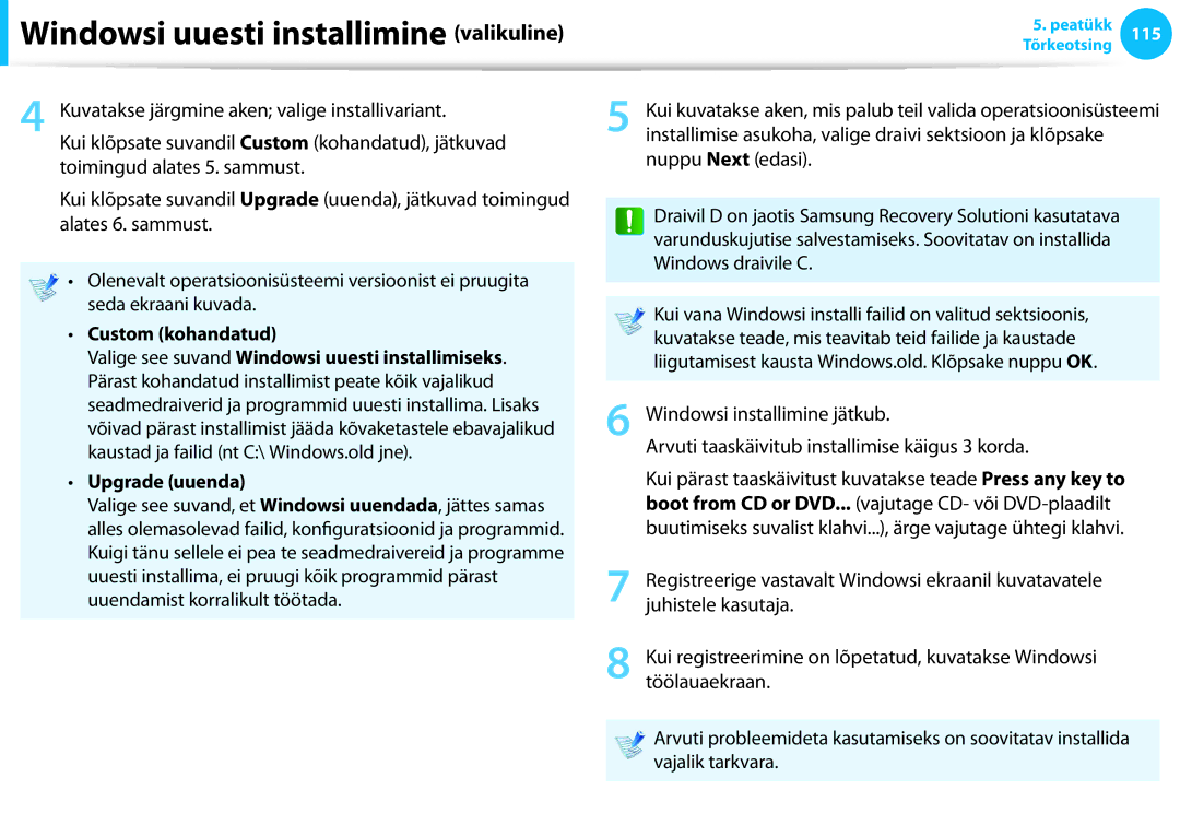 Samsung NP940X3G-K01EE, NP905S3G-K01AE Custom kohandatud, Valige see suvand Windowsi uuesti installimiseks, Upgrade uuenda 