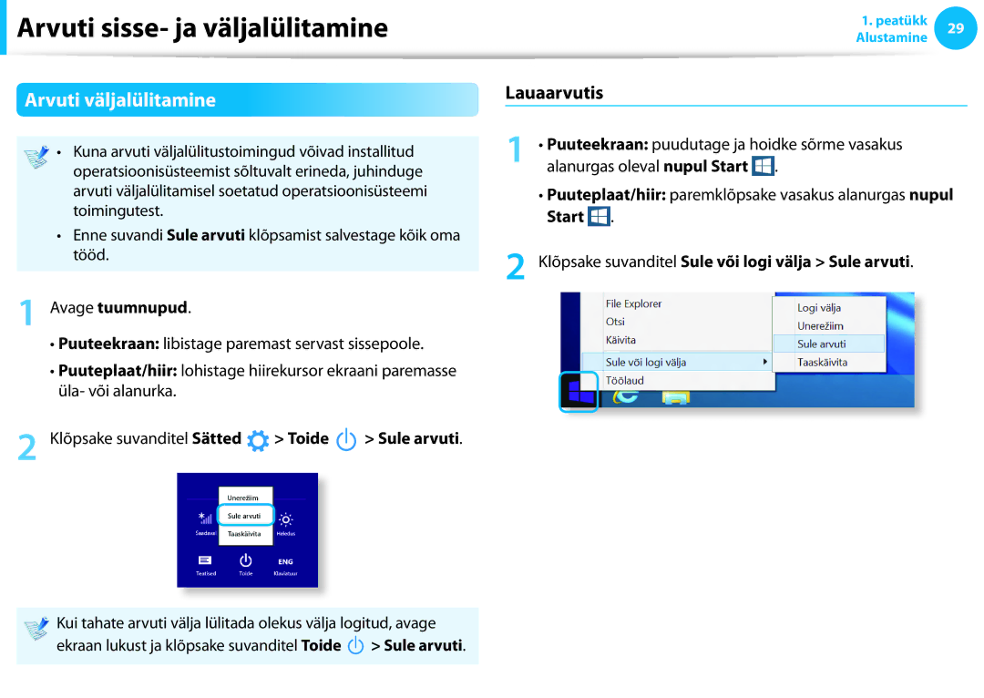 Samsung NP905S3G-K01AE, NP940X3G-K01EE manual Arvuti väljalülitamine, Lauaarvutis, Klõpsake suvanditel Sätted Toide 