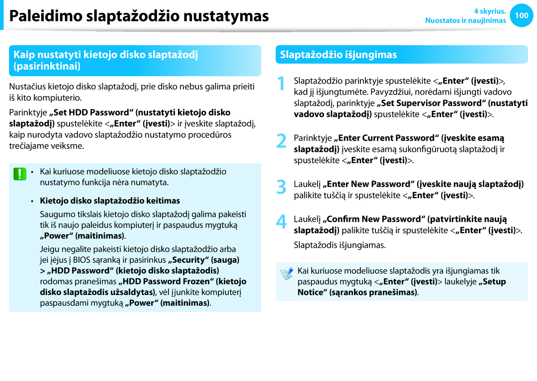 Samsung NP940X3G-K01EE, NP905S3G-K01AE manual Kaip nustatyti kietojo disko slaptažodį pasirinktinai, Slaptažodžio išjungimas 