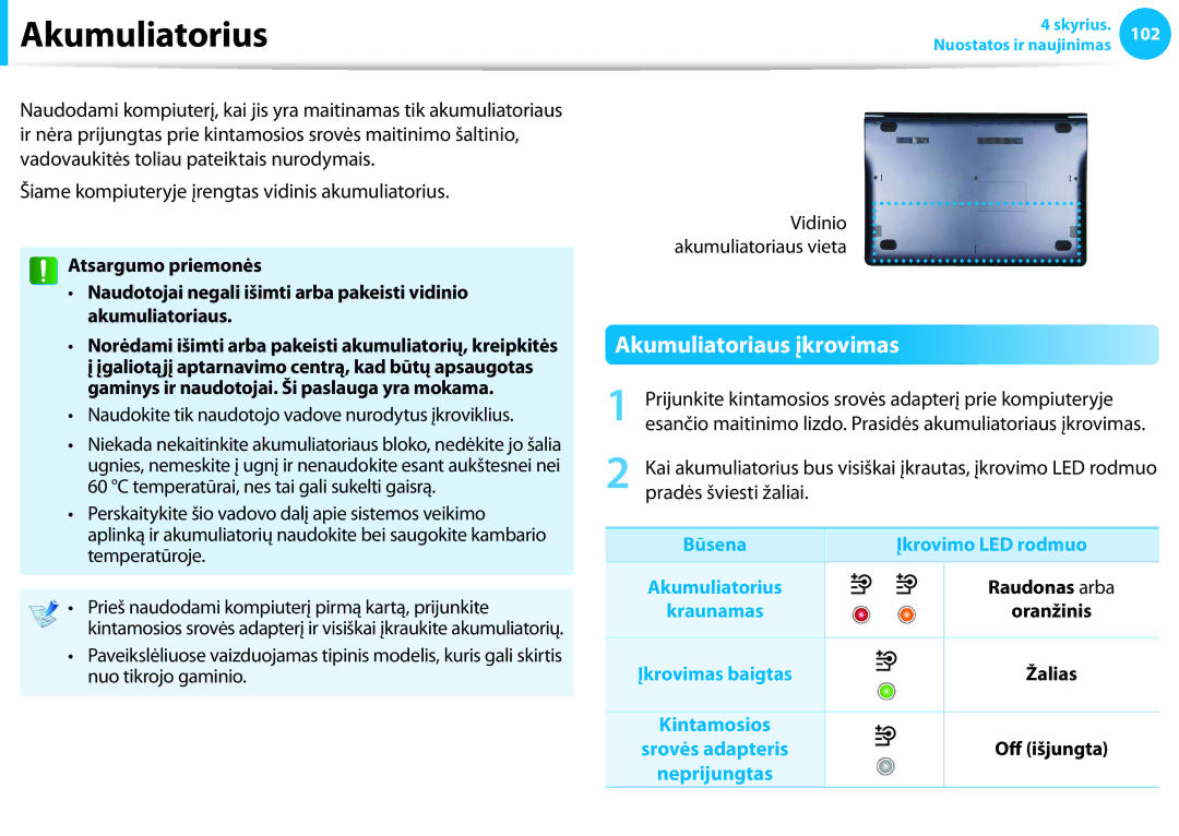 Samsung NP915S3G-K01EE, NP905S3G-K01AE, NP940X3G-K01EE, NP905S3G-K01EE manual Akumuliatorius, Akumuliatoriaus įkrovimas 