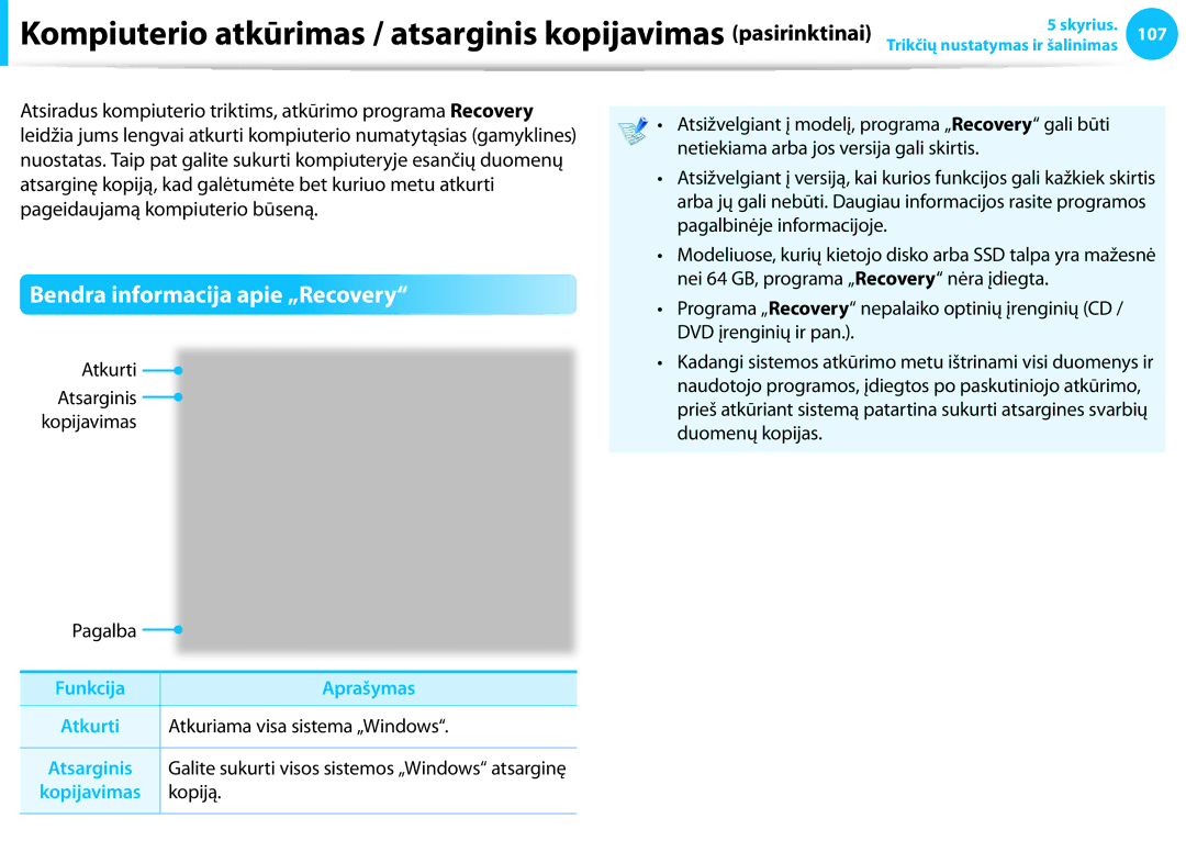 Samsung NP915S3G-K01EE Bendra informacija apie „Recovery, Funkcija Aprašymas, Atkuriama visa sistema „Windows, Kopiją 