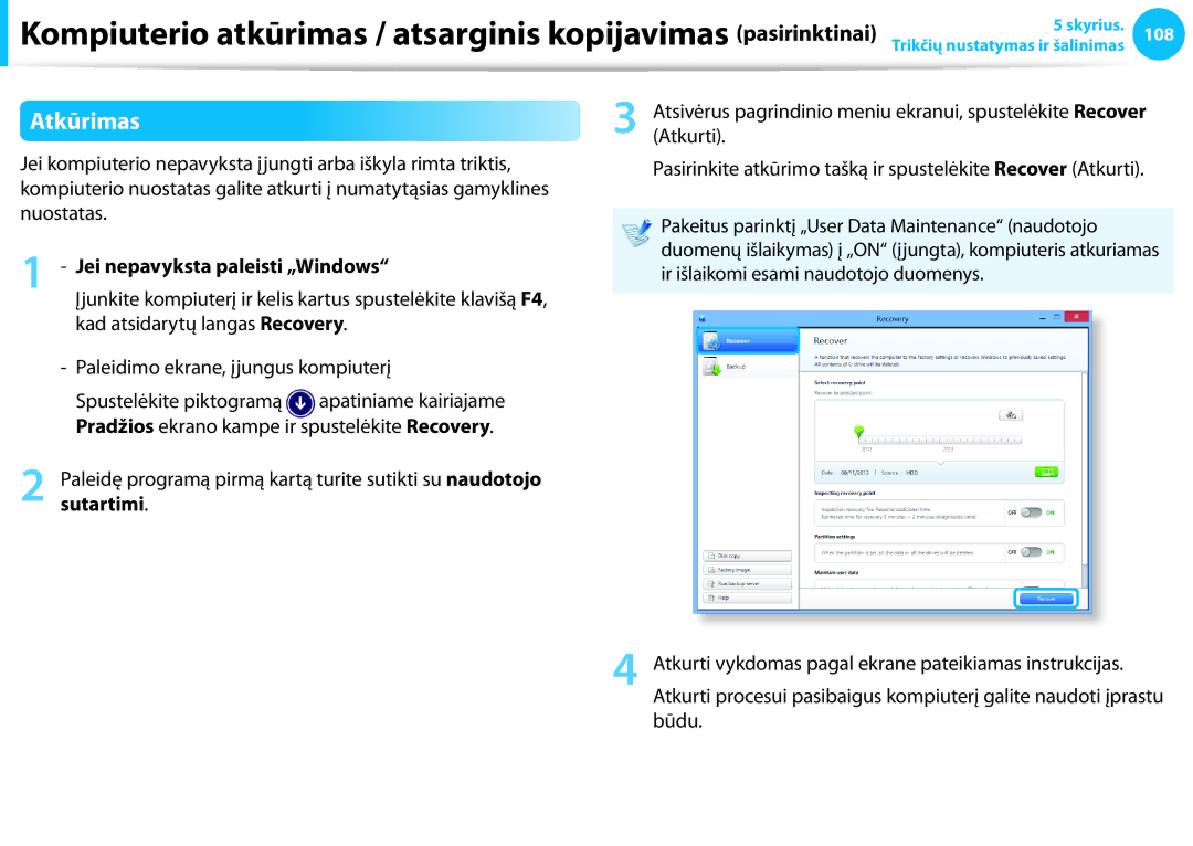 Samsung NP905S3G-K02EE, NP905S3G-K01AE, NP940X3G-K01EE, NP905S3G-K01EE manual Atkūrimas, Jei nepavyksta paleisti „Windows 