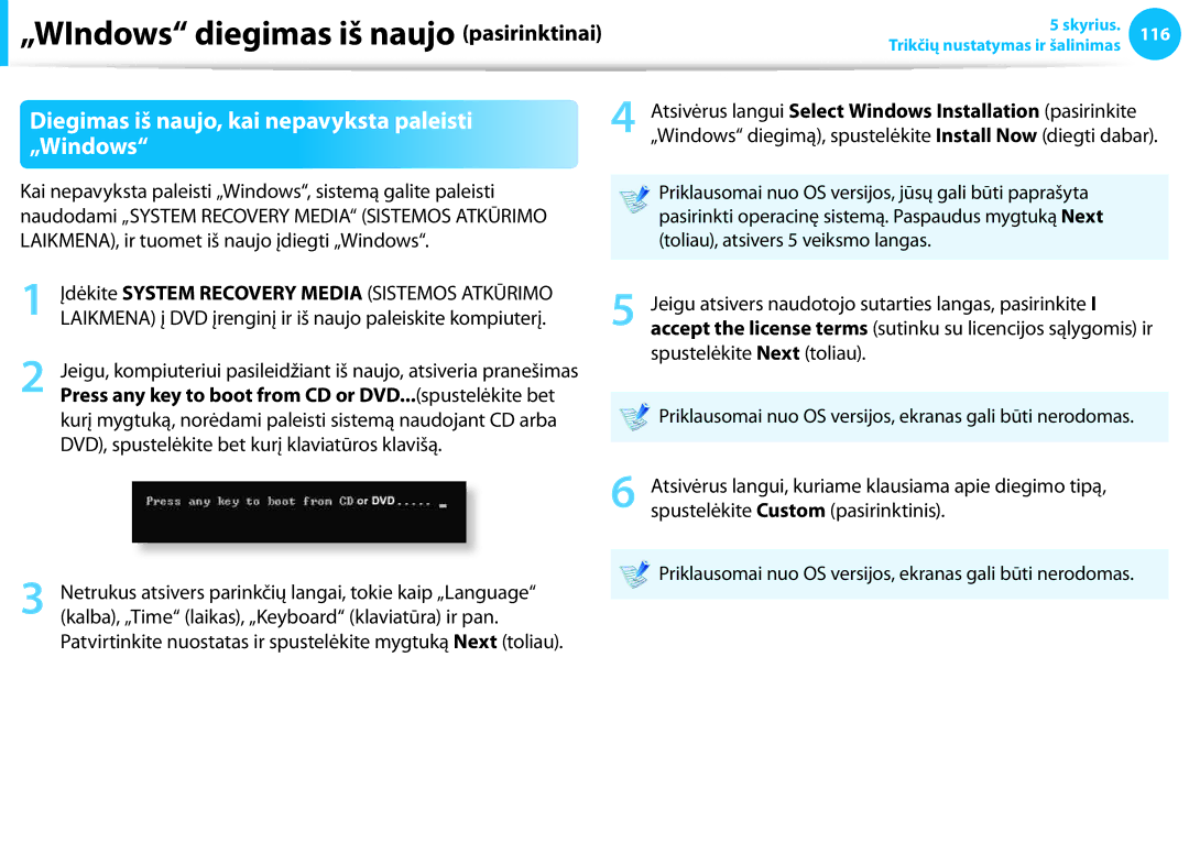 Samsung NP905S3G-K01EE manual Diegimas iš naujo, kai nepavyksta paleisti „Windows, Toliau, atsivers 5 veiksmo langas 