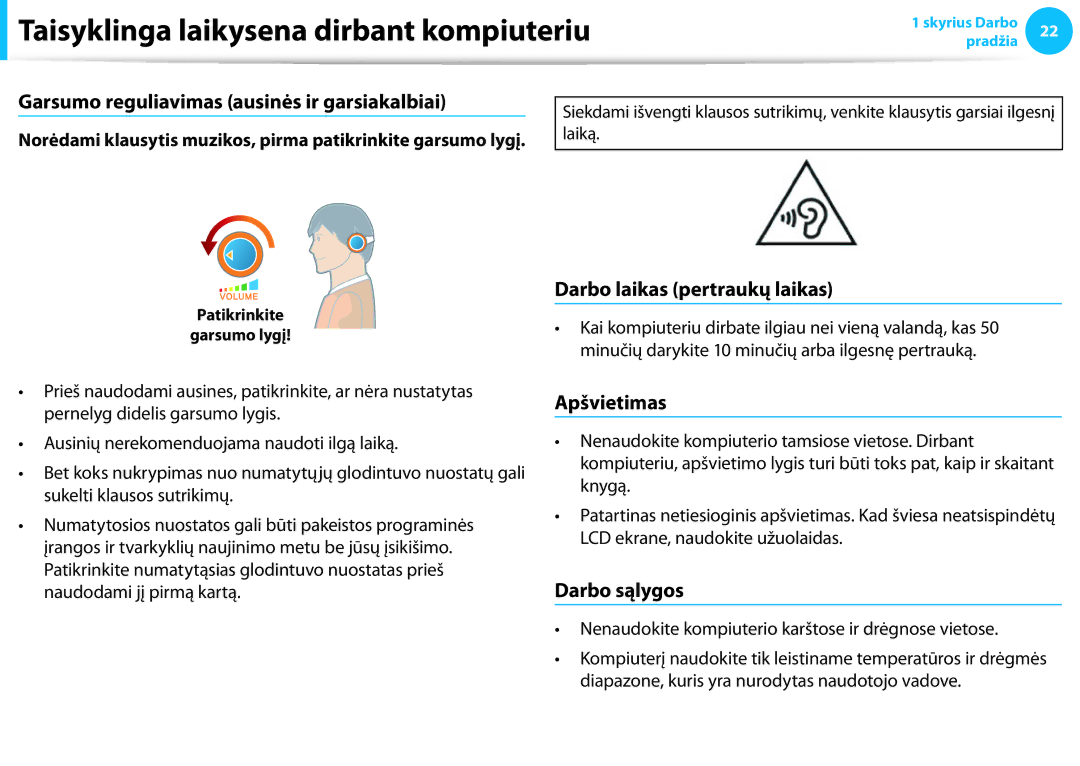 Samsung NP915S3G-K01EE manual Garsumo reguliavimas ausinės ir garsiakalbiai, Darbo laikas pertraukų laikas, Apšvietimas 