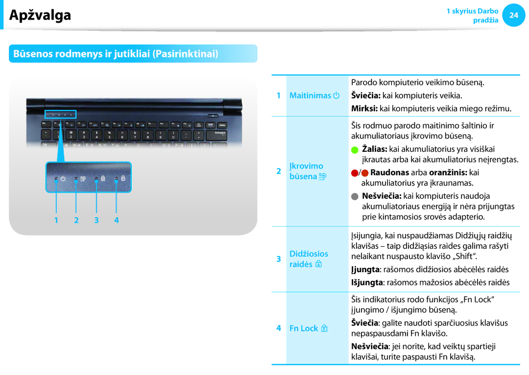 Samsung NP905S3G-K01AE, NP940X3G-K01EE, NP905S3G-K01EE, NP915S3G-K01EE manual Būsenos rodmenys ir jutikliai Pasirinktinai 