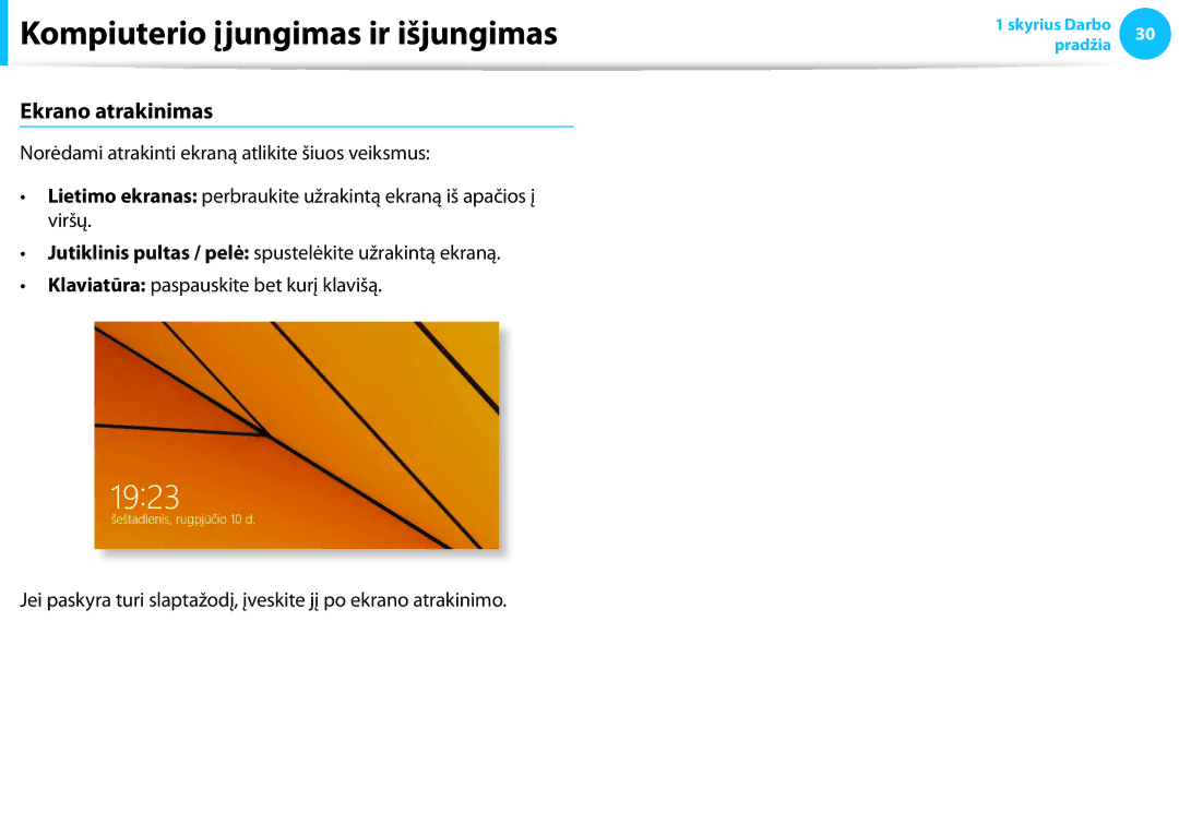 Samsung NP940X3G-K01EE, NP905S3G-K01AE, NP905S3G-K01EE manual Kompiuterio įjungimas ir išjungimas, Ekrano atrakinimas 
