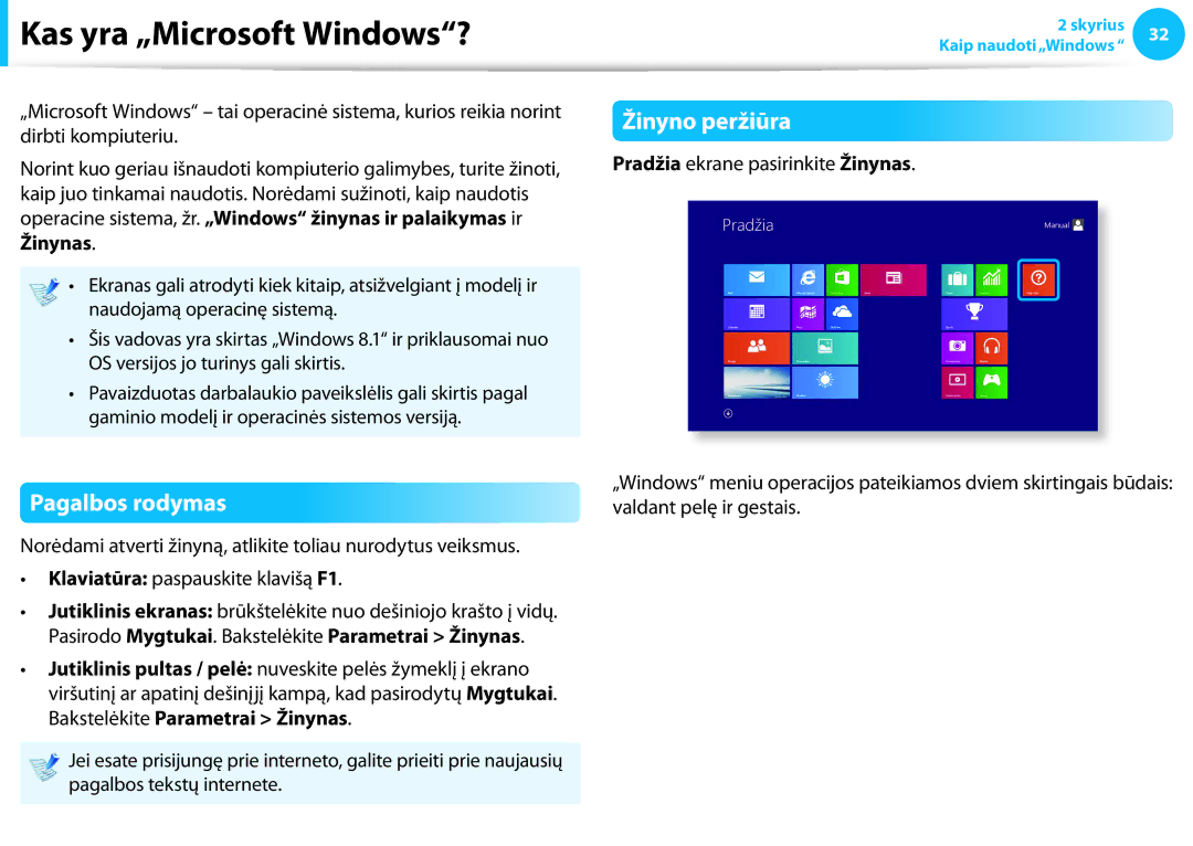 Samsung NP915S3G-K01EE Kas yra „Microsoft Windows?, Žinyno peržiūra, Pagalbos rodymas, Pradžia ekrane pasirinkite Žinynas 