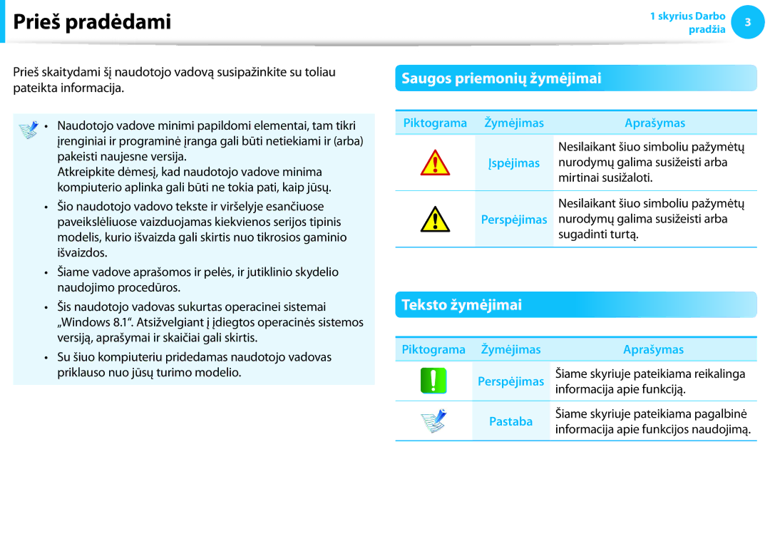 Samsung NP905S3G-K02EE manual Prieš pradėdami, Saugos priemonių žymėjimai, Teksto žymėjimai, Piktograma Žymėjimas Aprašymas 