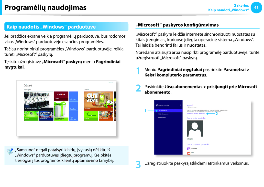 Samsung NP905S3G-K01EE, NP905S3G-K01AE manual Kaip naudotis „Windows parduotuve, „Microsoft paskyros konfigūravimas 