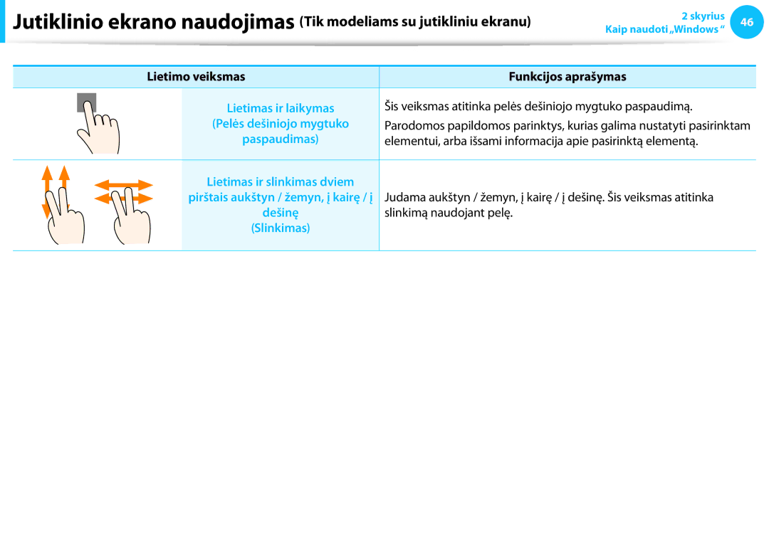 Samsung NP905S3G-K01EE, NP905S3G-K01AE Šis veiksmas atitinka pelės dešiniojo mygtuko paspaudimą, Slinkimą naudojant pelę 