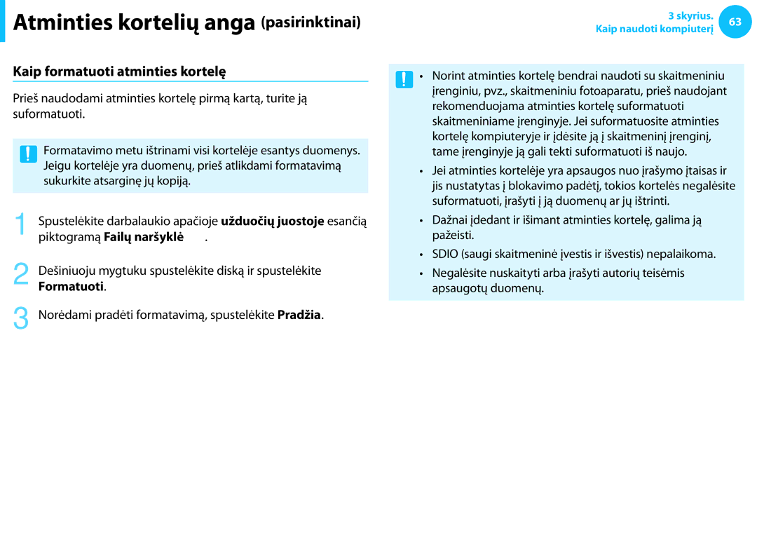 Samsung NP905S3G-K02EE, NP905S3G-K01AE manual Kaip formatuoti atminties kortelę, Piktogramą Failų naršyklė, Formatuoti 