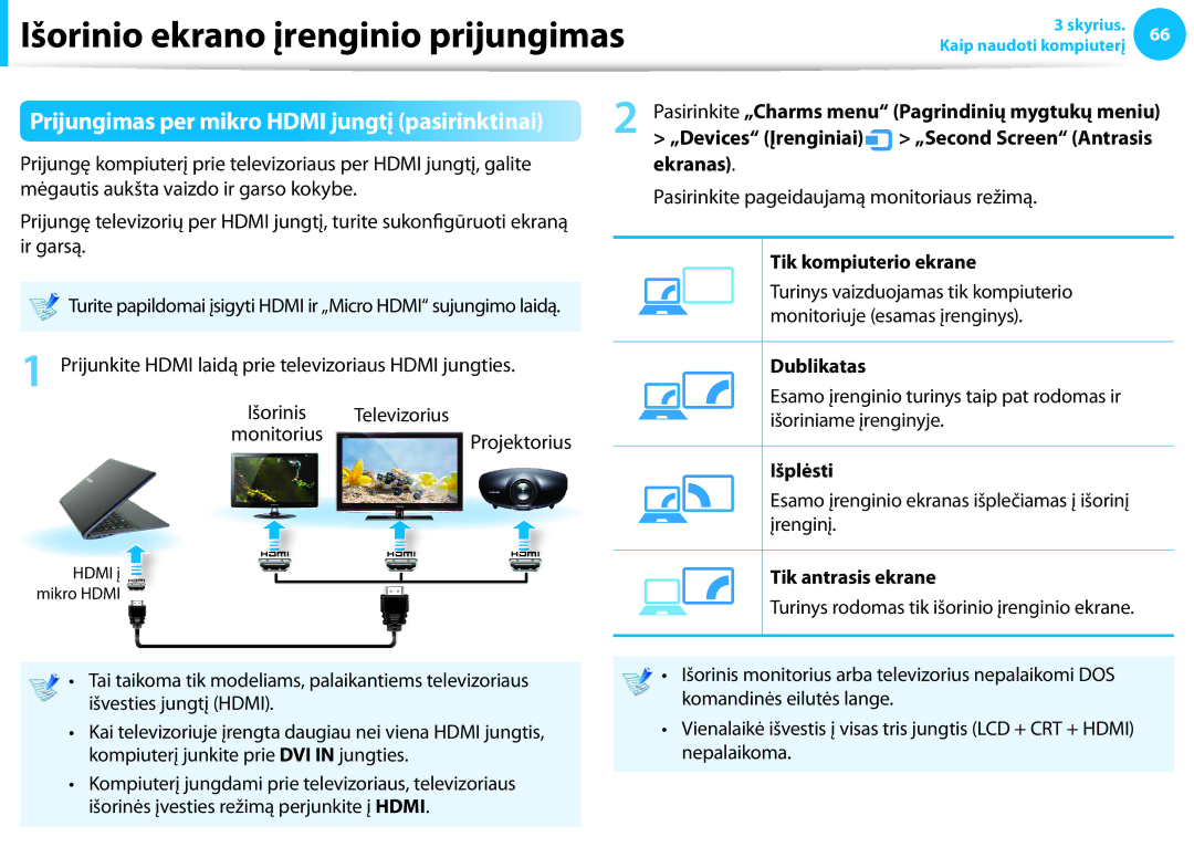 Samsung NP905S3G-K01EE, NP905S3G-K01AE, NP940X3G-K01EE manual Prijungimas per mikro Hdmi jungtį pasirinktinai, Ekranas 