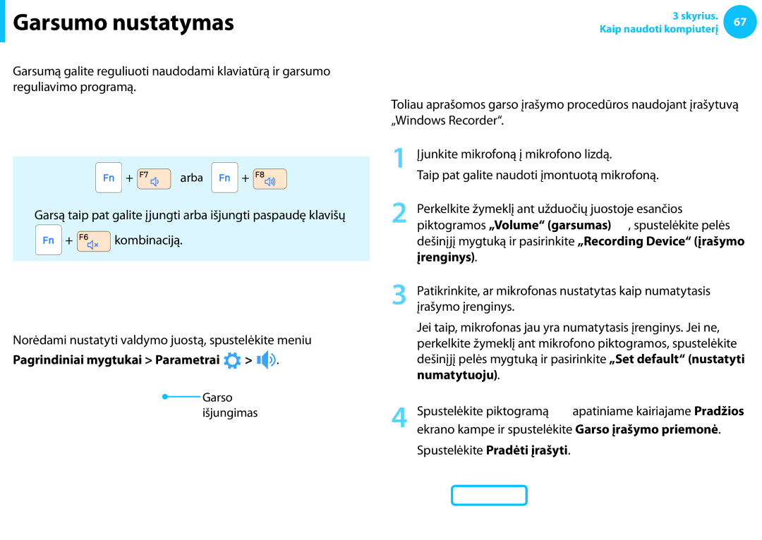 Samsung NP915S3G-K01EE, NP905S3G-K01AE manual Garsumo nustatymas naudojant klaviatūrą, Garso įrašytuvo naudojimas 