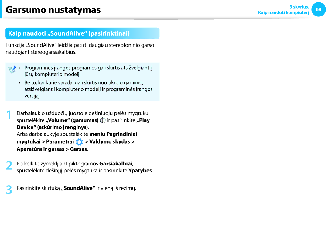 Samsung NP905S3G-K02EE, NP905S3G-K01AE, NP940X3G-K01EE Kaip naudoti „SoundAlive pasirinktinai, Device atkūrimo įrenginys 