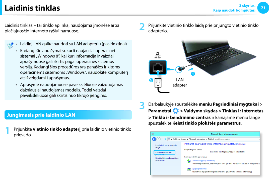 Samsung NP905S3G-K01EE, NP905S3G-K01AE, NP940X3G-K01EE, NP915S3G-K01EE manual Laidinis tinklas, Jungimasis prie laidinio LAN 