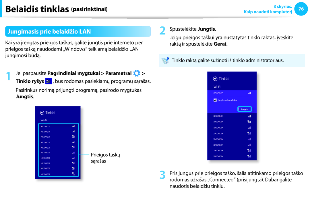 Samsung NP905S3G-K01EE, NP905S3G-K01AE, NP940X3G-K01EE, NP915S3G-K01EE manual Jungimasis prie belaidžio LAN, Tinklo ryšys 