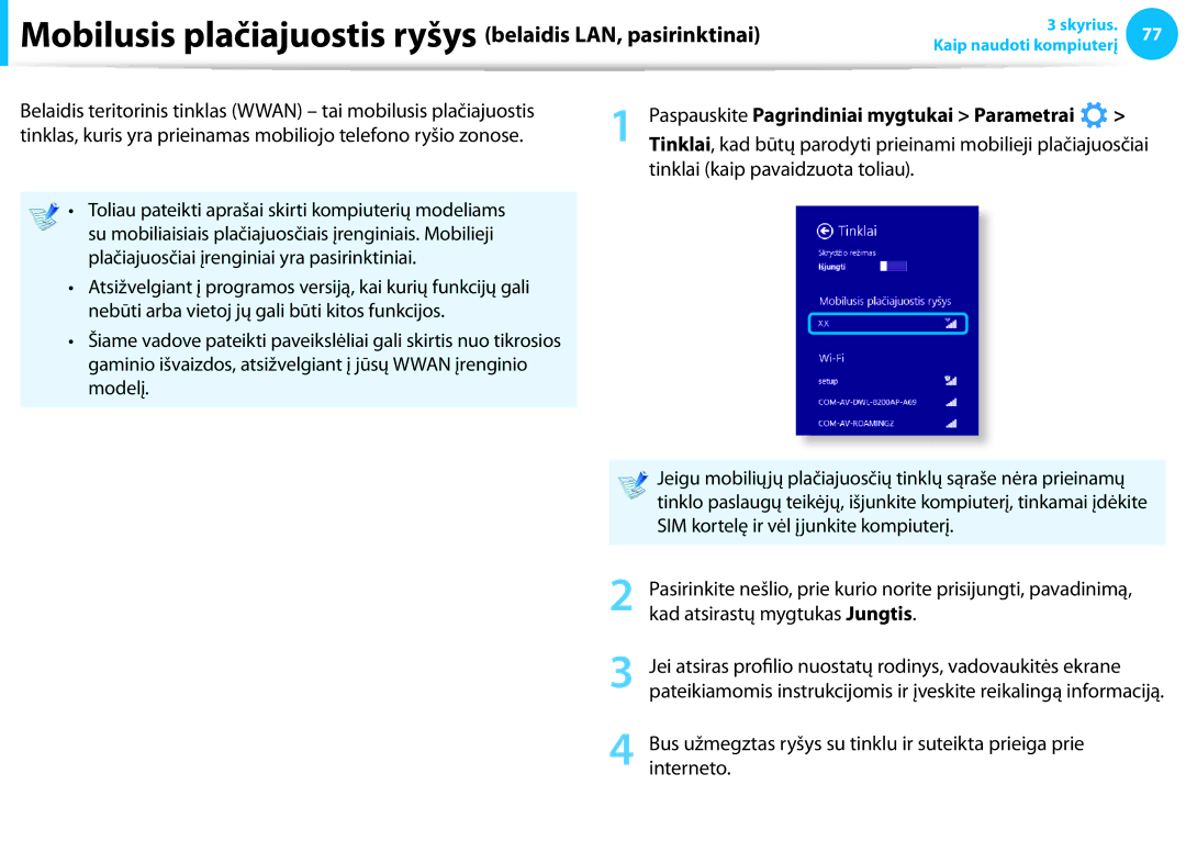 Samsung NP915S3G-K01EE manual Mobilusis plačiajuostis ryšys belaidis LAN, pasirinktinai, Tinklai kaip pavaidzuota toliau 