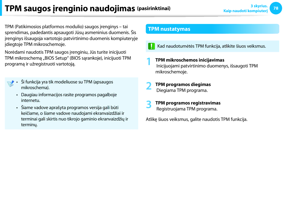 Samsung NP905S3G-K02EE manual TPM saugos įrenginio naudojimas pasirinktinai, TPM nustatymas, TPM mikroschemos inicijavimas 