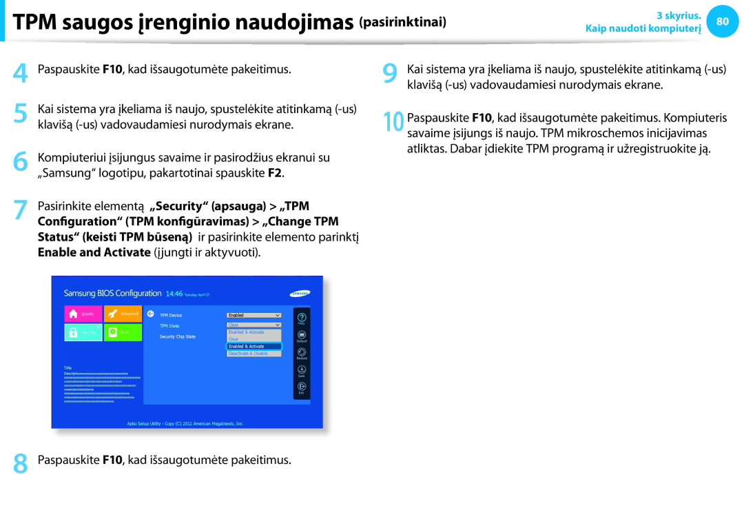 Samsung NP940X3G-K01EE manual Pasirinkite elementą „Security apsauga „TPM, Paspauskite F10, kad išsaugotumėte pakeitimus 