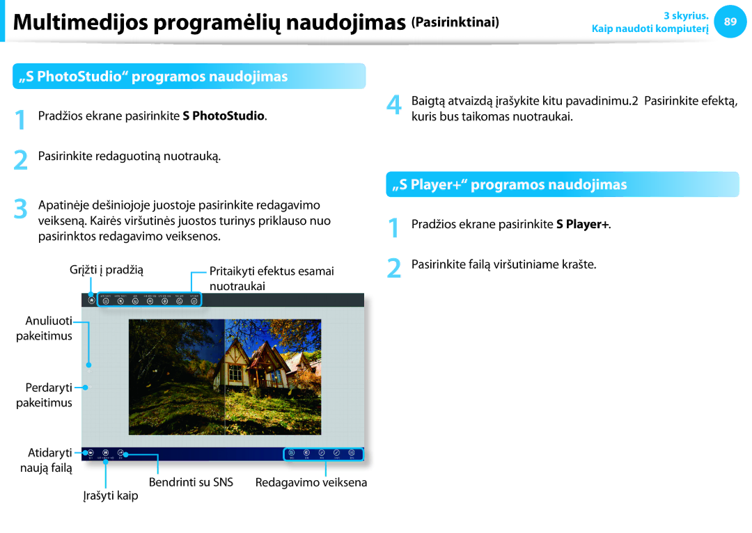 Samsung NP905S3G-K01AE, NP940X3G-K01EE, NP905S3G-K01EE „S PhotoStudio programos naudojimas, „S Player+ programos naudojimas 