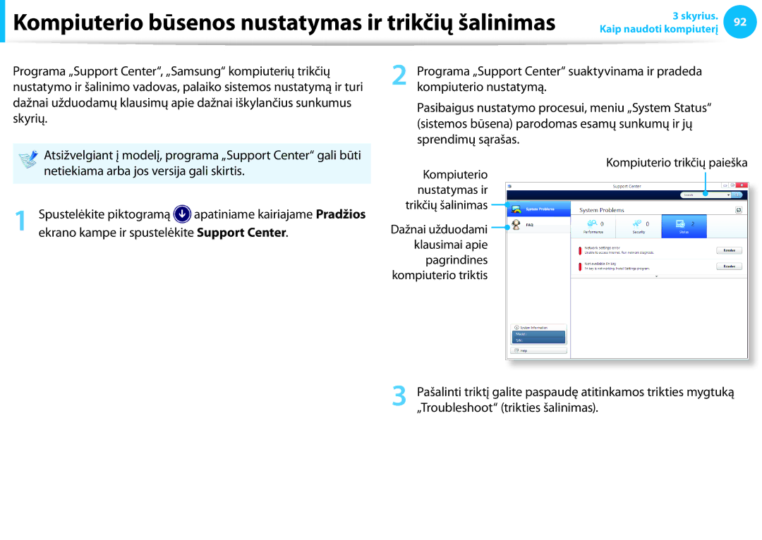 Samsung NP915S3G-K01EE, NP905S3G-K01AE manual Kompiuterio būsenos nustatymas ir trikčių šalinimas, Skyrių, Sprendimų sąrašas 