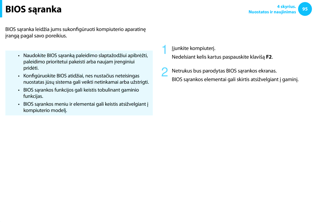 Samsung NP940X3G-K01EE, NP905S3G-K01AE, NP905S3G-K01EE, NP915S3G-K01EE manual Bios sąranka, Kaip įeiti į Bios sąranką 