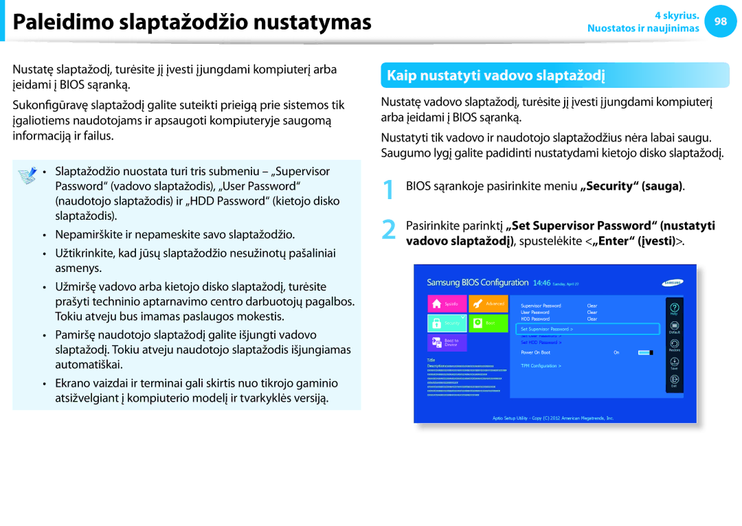 Samsung NP905S3G-K02EE, NP905S3G-K01AE Kaip nustatyti vadovo slaptažodį, Bios sąrankoje pasirinkite meniu „Security sauga 